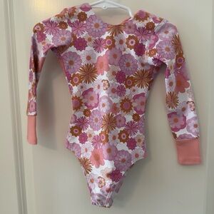 Floral Pink and Orange Kids Swim Long Sleeved One Piece
